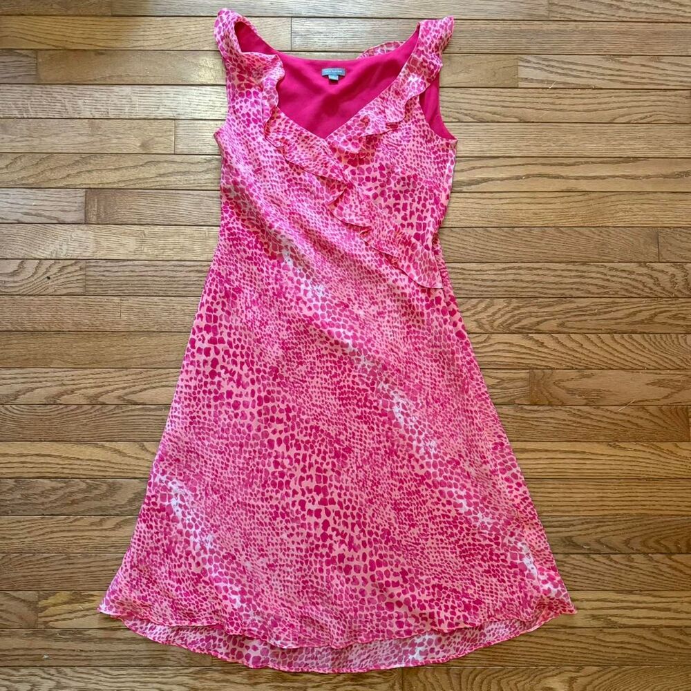 Vintage Ann Taylor Women's Silk Abstract Polkadot Pink Dress Flounce Hem Size 4
